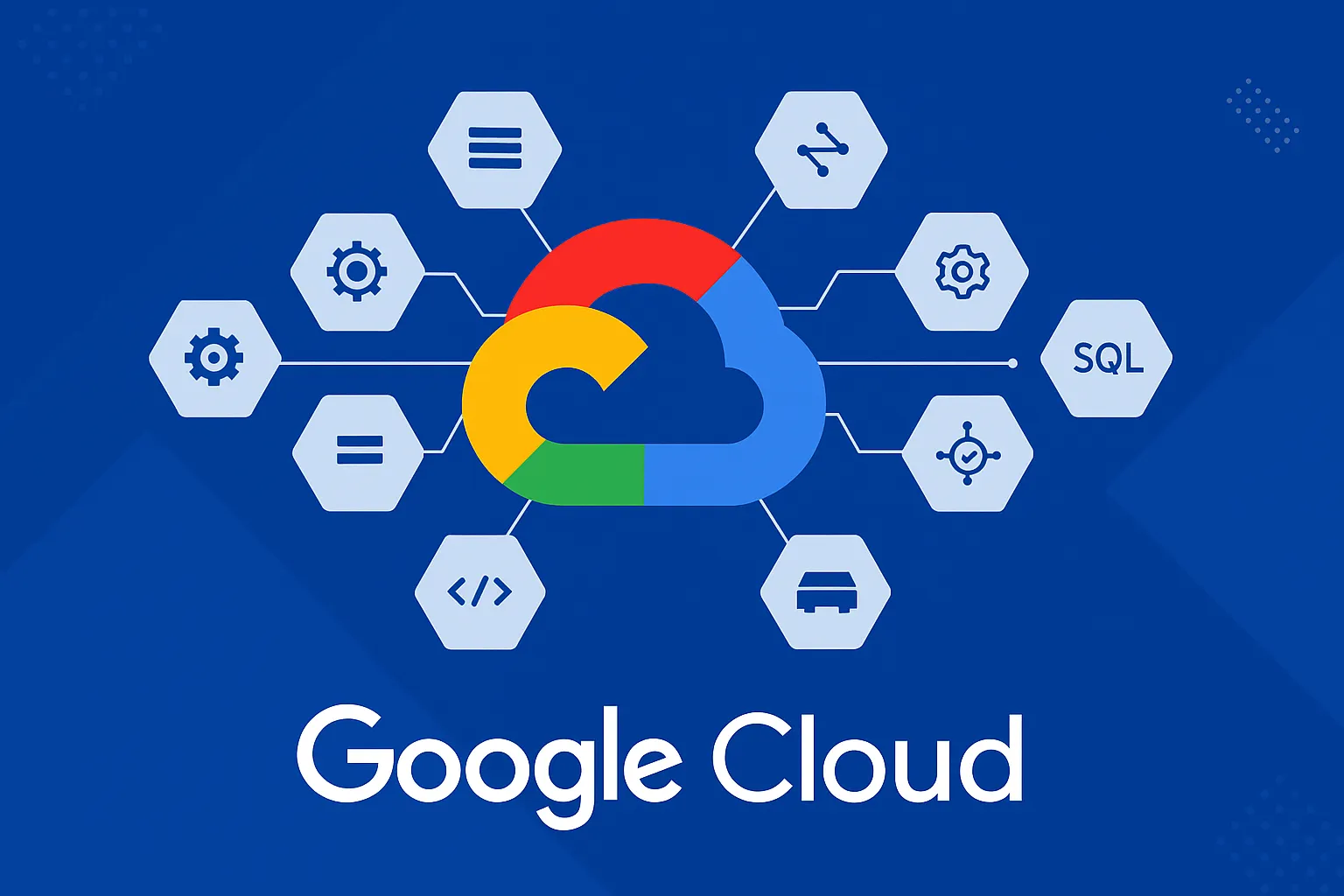 Google Cloud logo surrounded by connected icons representing its modular services — data pipelines, transformations, SQL, scheduling, and access controls — illustrating the building blocks a Composable CDP assembles natively within GCP.