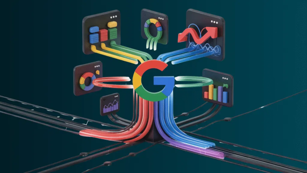 Illustration of the Google Cloud “G” logo at the center of a hub, connected by winding pipelines to surrounding panels of charts, graphs, and analytics dashboards.