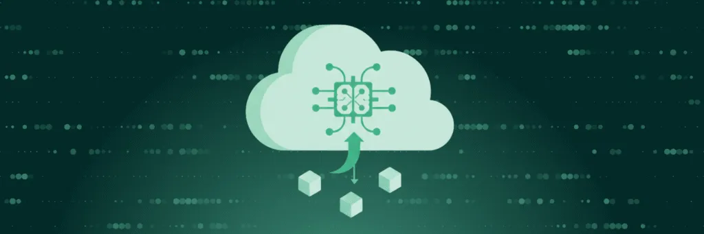 Illustration of a cloud icon with an embedded AI brain circuit, releasing data cubes below it, representing emergent AI expanding what a composable CDP can do inside the cloud.