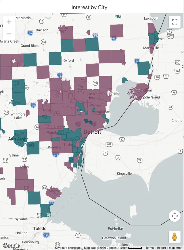 Looker "Interest by City" map of the Dearborn/Detroit metro area, used in CHNA 2.0's public-search-interest analysis