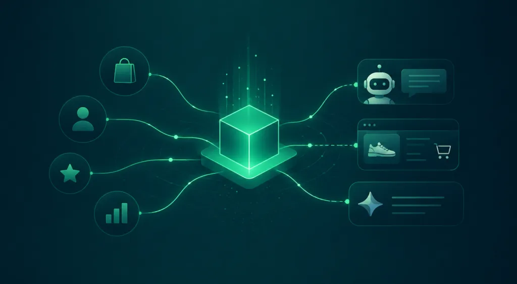 Illustration of a glowing central data cube connected to icons representing product, customer, loyalty, and analytics signals on one side, and AI agent surfaces — chatbot, shopping cart recommendation, and generative response — on the other.