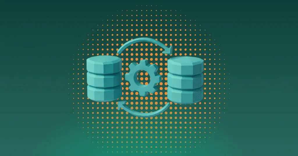 Illustration of two databases connected by a bidirectional sync arrow around a central gear, representing data movement between a warehouse and activation systems.