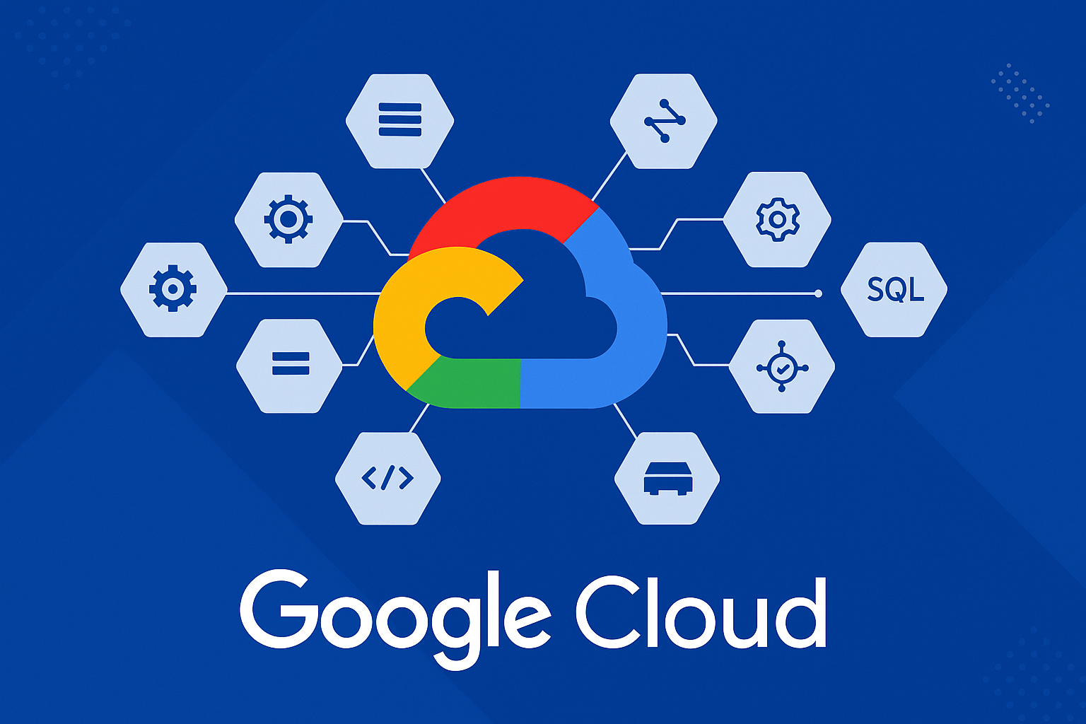 Google Cloud logo surrounded by connected icons representing its modular services — data pipelines, transformations, SQL, scheduling, and access controls — illustrating the building blocks a Composable CDP assembles natively within GCP.