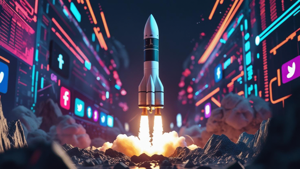 Illustration of a rocket launching upward between canyon walls lined with glowing social media platform icons, representing customer data breaking free to power marketing channels.