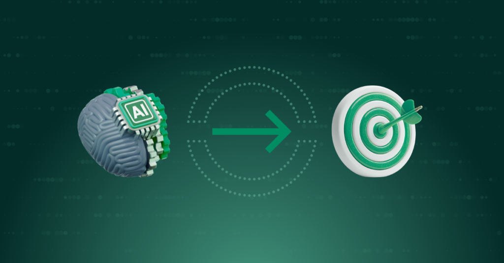 Illustration of an AI brain icon connected by an arrow to a dart hitting the bullseye of a target, representing the path from data to precise, actionable decisions.