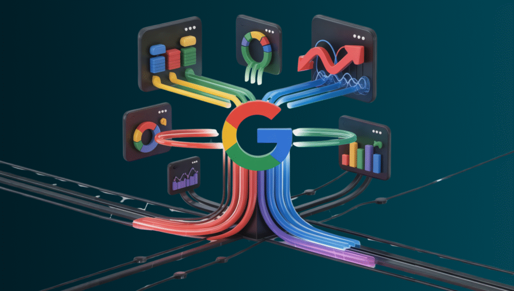 Illustration of the Google Cloud “G” logo at the center of a hub, connected by winding pipelines to surrounding panels of charts, graphs, and analytics dashboards.