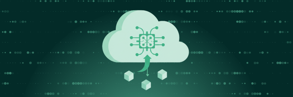 Illustration of a cloud icon with an embedded AI brain circuit, releasing data cubes below it, representing emergent AI expanding what a composable CDP can do inside the cloud.