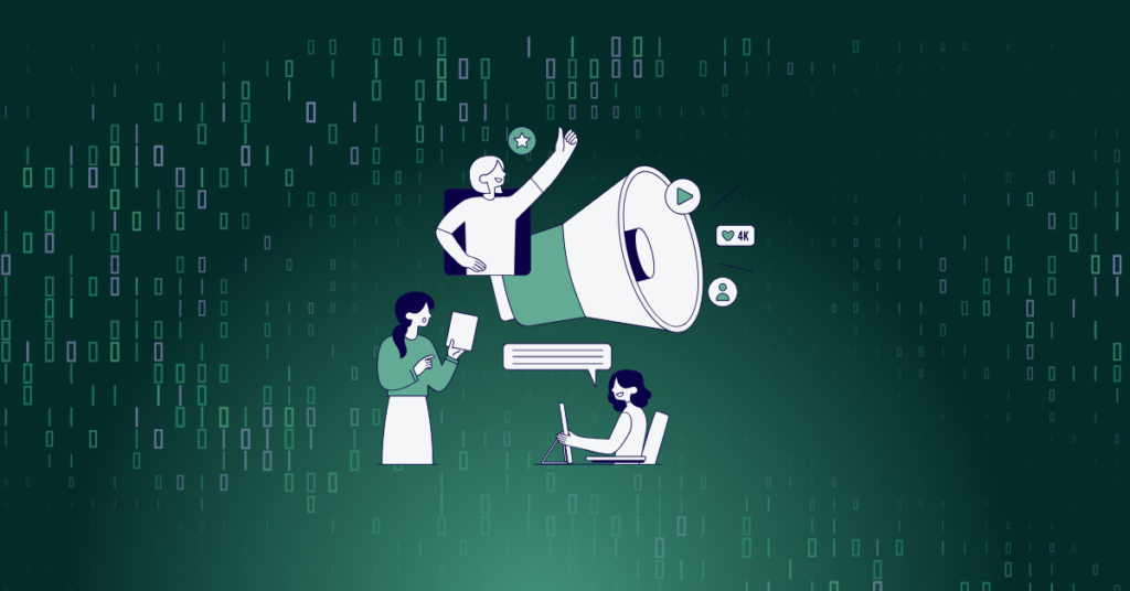Illustration of three people managing a marketing campaign around a giant megaphone displaying a play button, likes, and follower icons, set against a digital data backdrop.