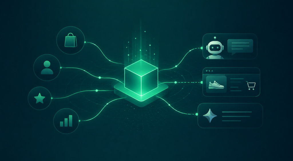 Illustration of a glowing central data cube connected to icons representing product, customer, loyalty, and analytics signals on one side, and AI agent surfaces — chatbot, shopping cart recommendation, and generative response — on the other.