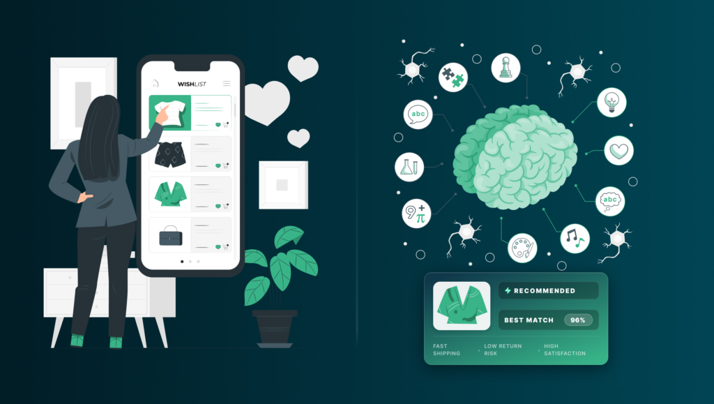 Split illustration of a shopper browsing a wishlist on her phone next to a glowing AI brain connected to a “Recommended — Best Match 96%” product card, representing structured product intelligence guiding an AI shopping agent’s decision.