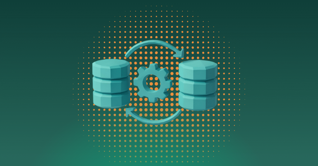 Illustration of two databases connected by a bidirectional sync arrow around a central gear, representing data movement between a warehouse and activation systems.