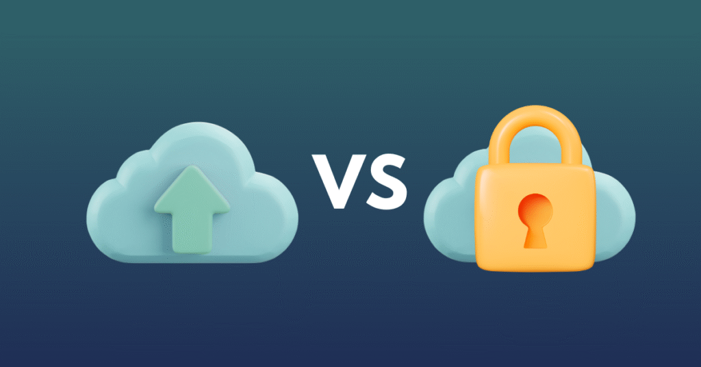 Illustration contrasting an open cloud with an upload arrow against a locked cloud with a padlock, separated by “VS,” representing the architectural divide between SaaS CDPs and warehouse-native CDPs.