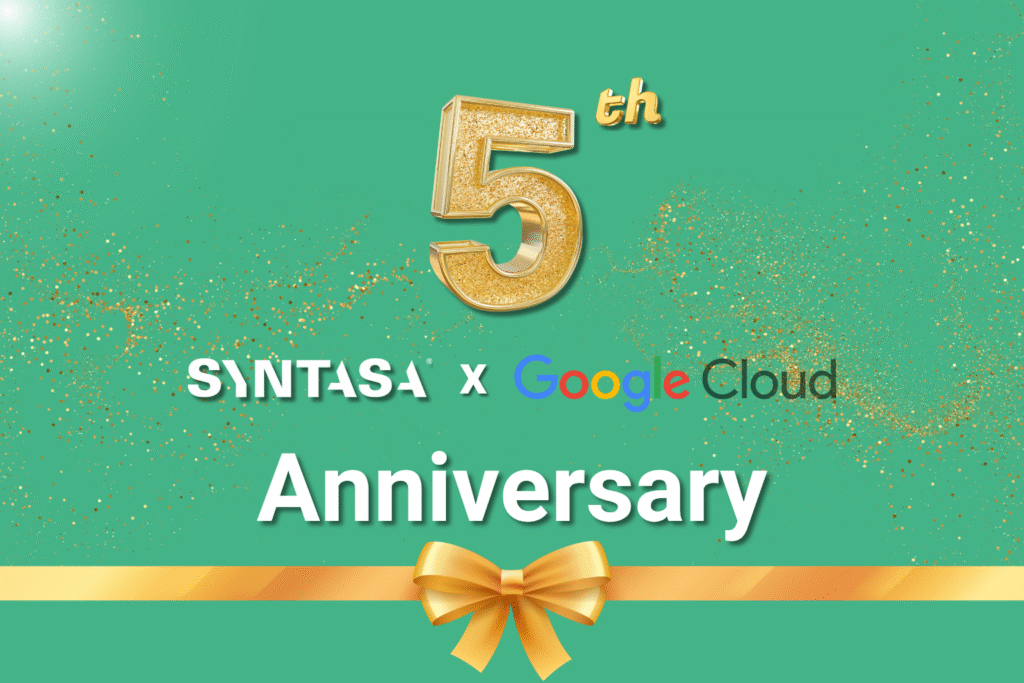 Celebratory graphic reading “5th Anniversary — Syntasa x Google Cloud” with gold confetti and a ribbon bow.